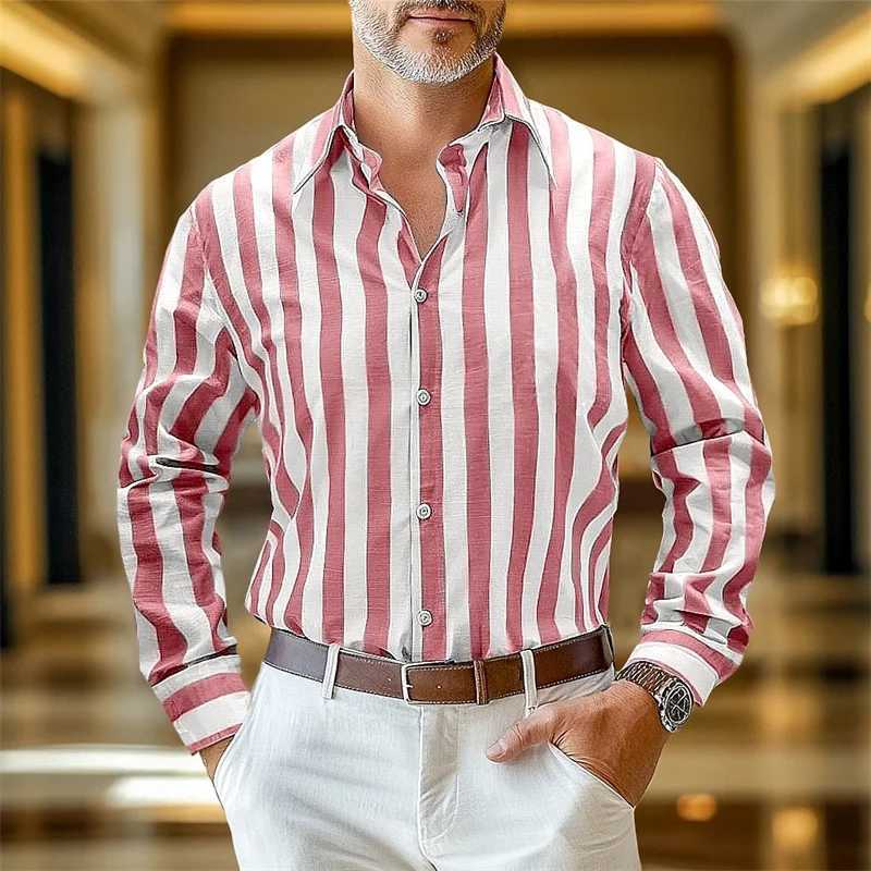 Mens Shirts Linen Shirts Summer Shirts Stripes Business Casual Everyday Yellow Pink Navy Green Long Sleeves Lapel Clothing 6XL J251017