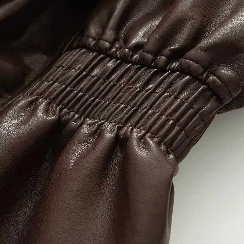 New Fall Winter High Street Warm Brown Zipper Pu Leather Jacket Women Casual Lapel Elastic Waist Cinching Coat Outwear ClothesT251017