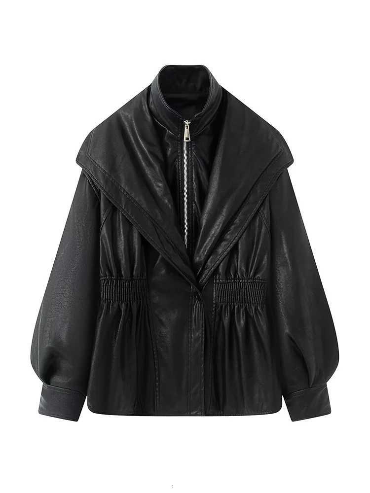 Autumn Winter Womens High Colar Pu Leather Jacket Retro Loose Sleeve Fashion Zipper Coat High Street Elastic Waist StreetwearT251017