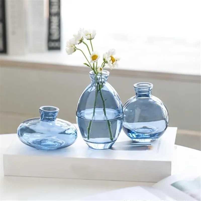 Small Glass vase Transparent Creative hydroponic Dried Flower vase Colorful ThreePiece Set of Decorative Ornaments Blue C251017