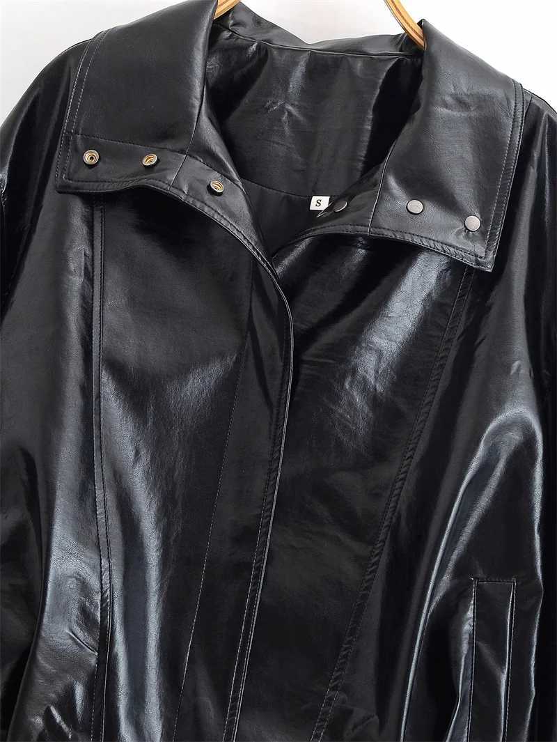 Womens Coat 2025 Autumn New Style Black Longsleeve Synthetic Faux Leather Shiny Motorcycle Jacket Casual Fashion PersonalityT251017