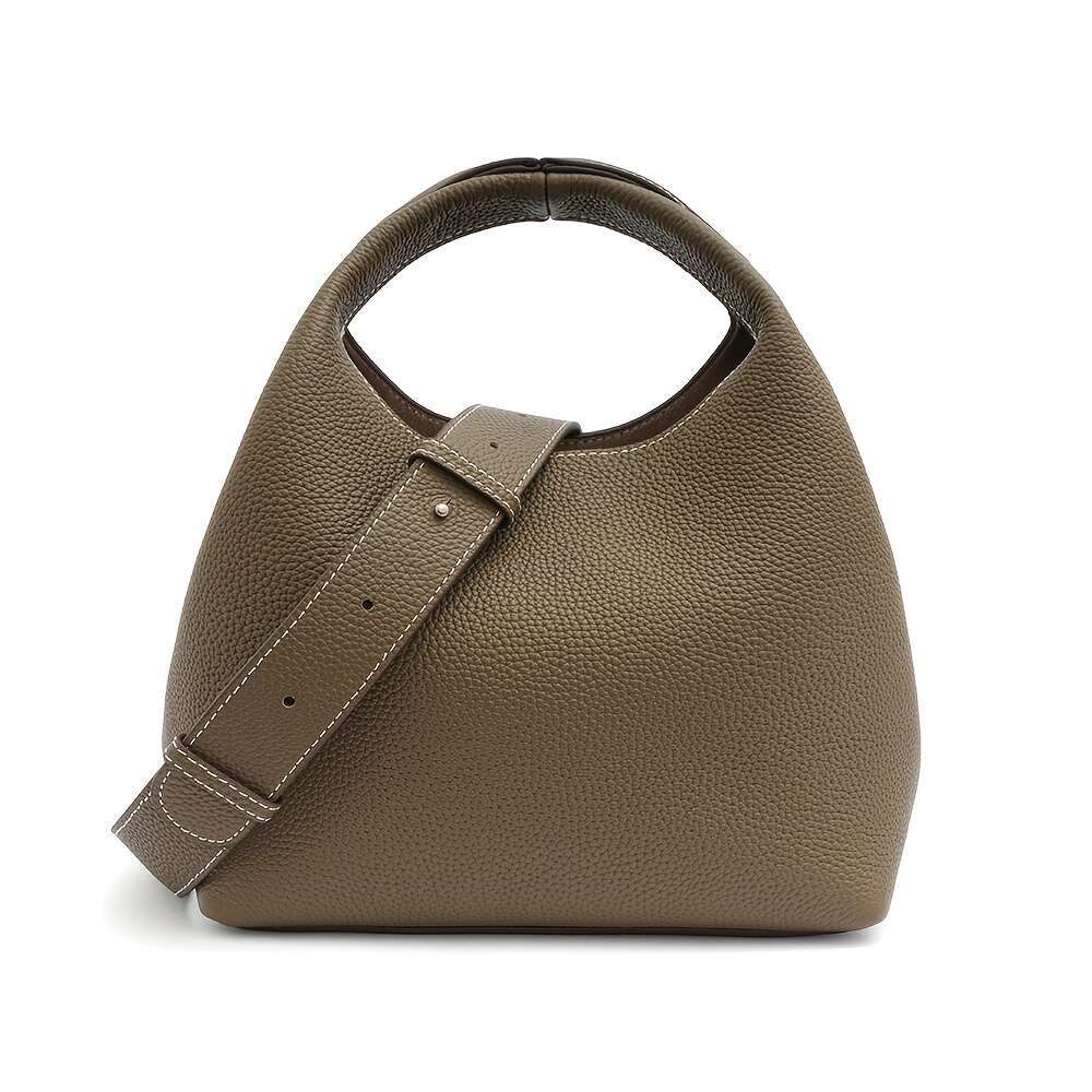 Women Genuine Bucket Small Crossbody Bag With Adjustable Strap, Zipper Closure, Elegant Everyday And Formal Handbag Brown, Spacious Interior Suitable 