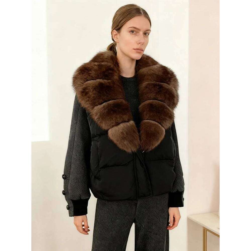 Loose Patchwork Sleeves Natural Real Fur Collar Down Coat Female New Autumn Winter Warm Clothes Women Thick Puffer Jacket