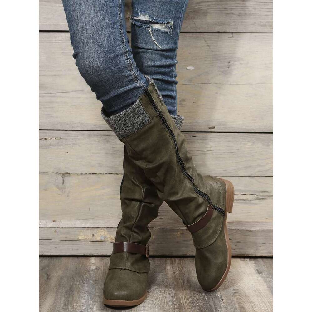Women's Knee High Side Zipper Chunky Low Heel Knight Boots