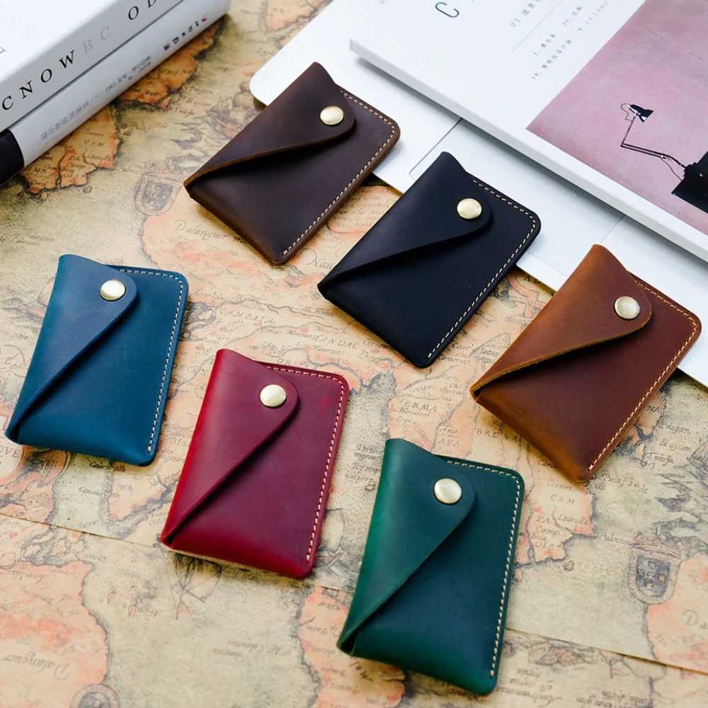 Handmade minimalist cowhide card case Head layer cowhide creative small snap closure wallet Japanese retro card bagW251017