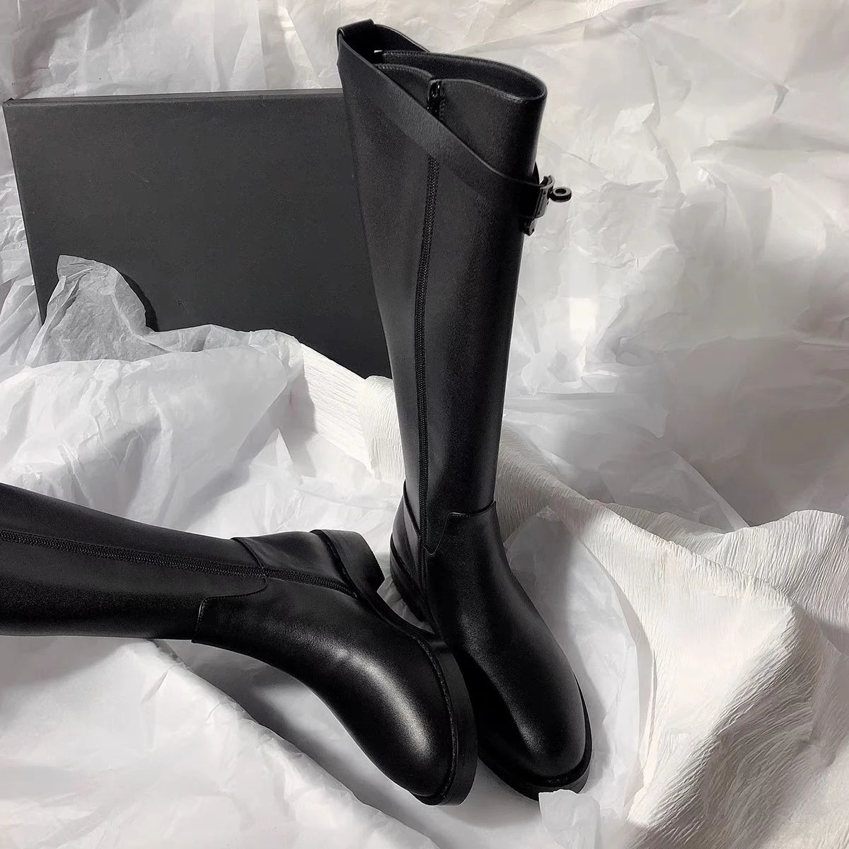 Black Elegant with Low Heels Round Toe Ladies Knee High Shaft Shoes Autumn Winter FleeceLined Gothic Leather Womens Long Boots 251015