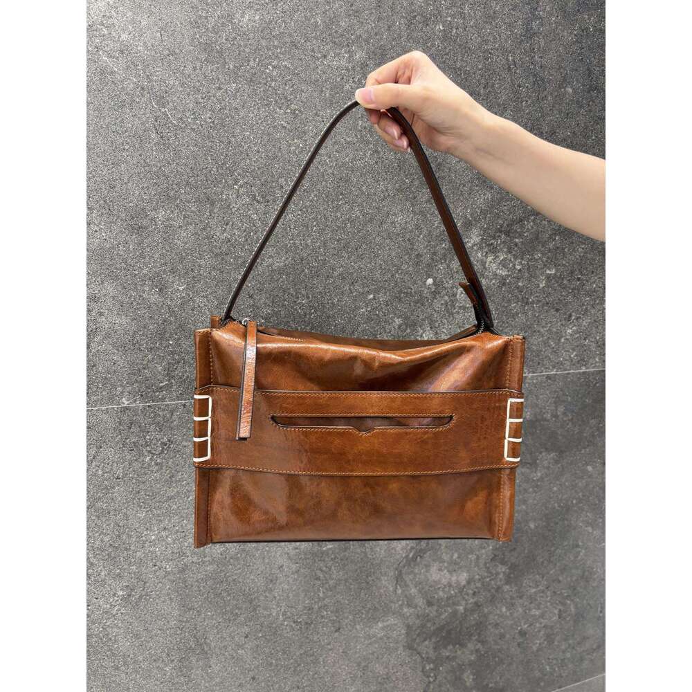 JW First Layer Oil Wax Cowhide Underarm Large Capacity Handbag Commuter Shoulder Crossbody Bag