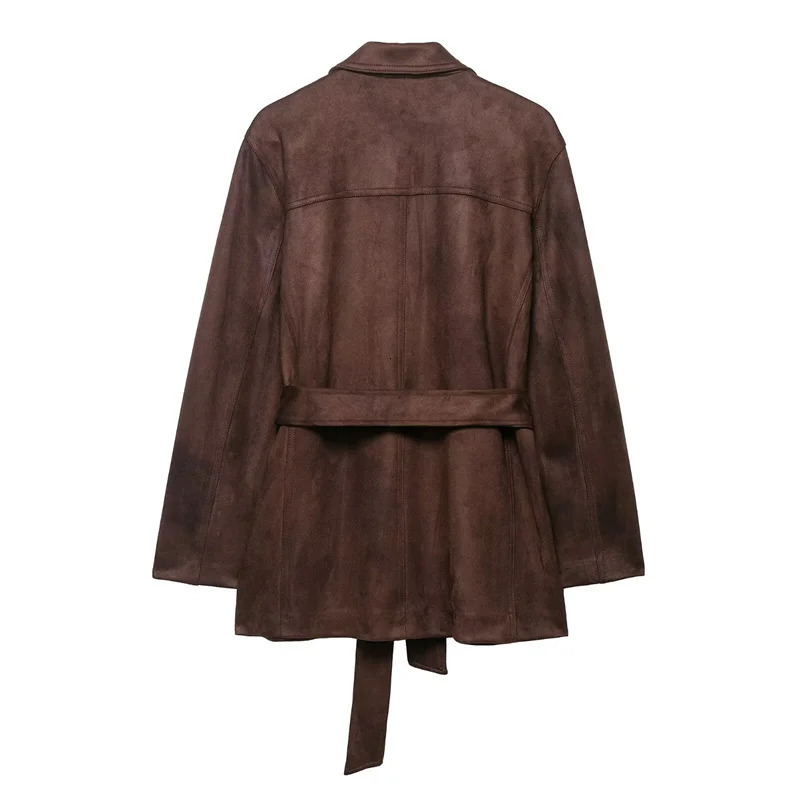 Womens Jacket Fall 2025 Russet Long Sleeve Suede Effect with Belt Jacket Casual Fashion Personality Versatile 251013