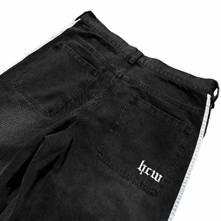 Harajuku Retro Hip Hop Mens Jeans Y2k Black Striped Baggy Jeans Gothic Embroidered Wide Leg Denim Pants High Street Streetwear D2510171