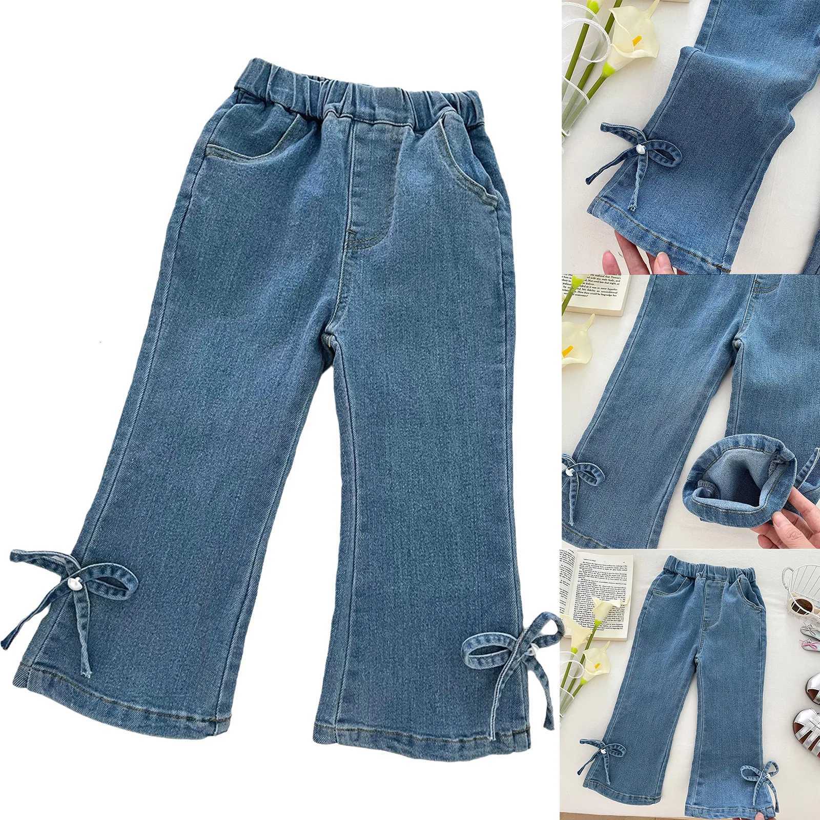 Toddler Girls Clothes Fashion Flared Jeans Casual Elastic Waistband Cute Bow Denim Pants with Pockets Children School Daily WearT251017