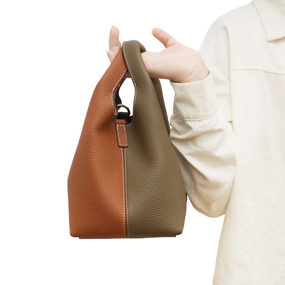 Women Genuine Bucket Small Crossbody Bag With Adjustable Strap, Zipper Closure, Elegant Everyday And Formal Handbag Brown, Spacious Interior Suitable 