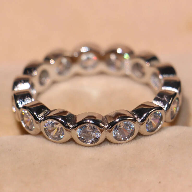 Cute Fashion Jewelry Sterling Sier Brand Desgin White Topaz CZ Dia Gemstones Party Women Wedding Circle Band Ring SetGift