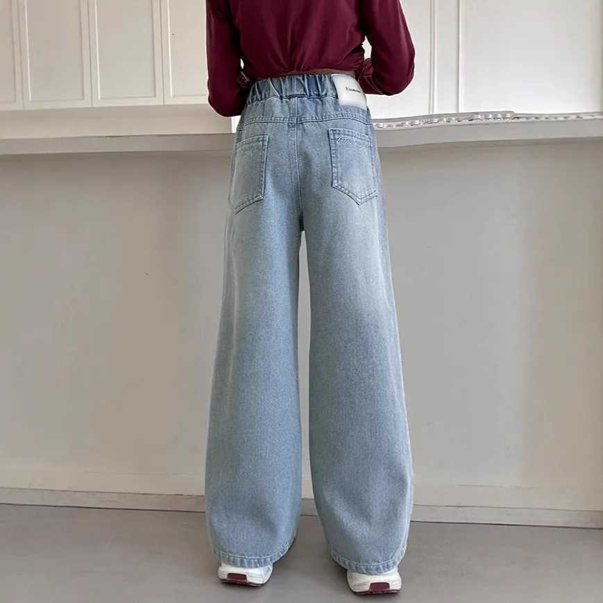 Autumn Young Teenager Girls Denim Pants Elastic Waist Youth Girls Trousers Loose Casual Pure Color Children Girls JeansT251017
