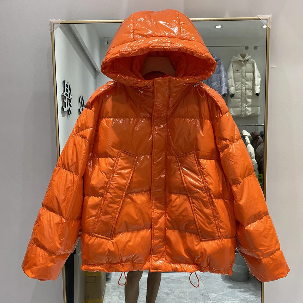 Glossy Short Puffer Jacket Korean Hooded Shiny Down Jackets Solid Colors Drawstring Long Sleeve Winter Parkas Female Coat 251014