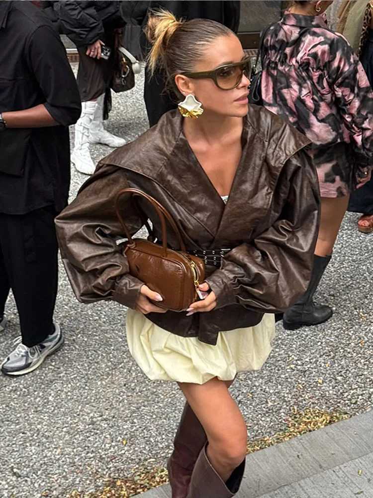 Retro PU Leather Lantern Sleeve Jacket Women Casual Loose Lapel Brown Jackets With Belt 2025 Autumn Classic Chic Street OutwearT251017