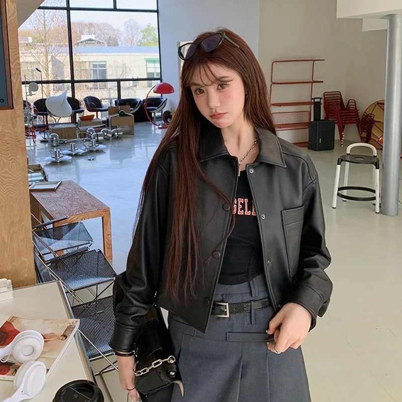 Harajuku Black Moto Pu Jacket Women Design Long Sleeve Biker Coat Vintage Streetwear Female Loose Autumn All Match OutwearT251017