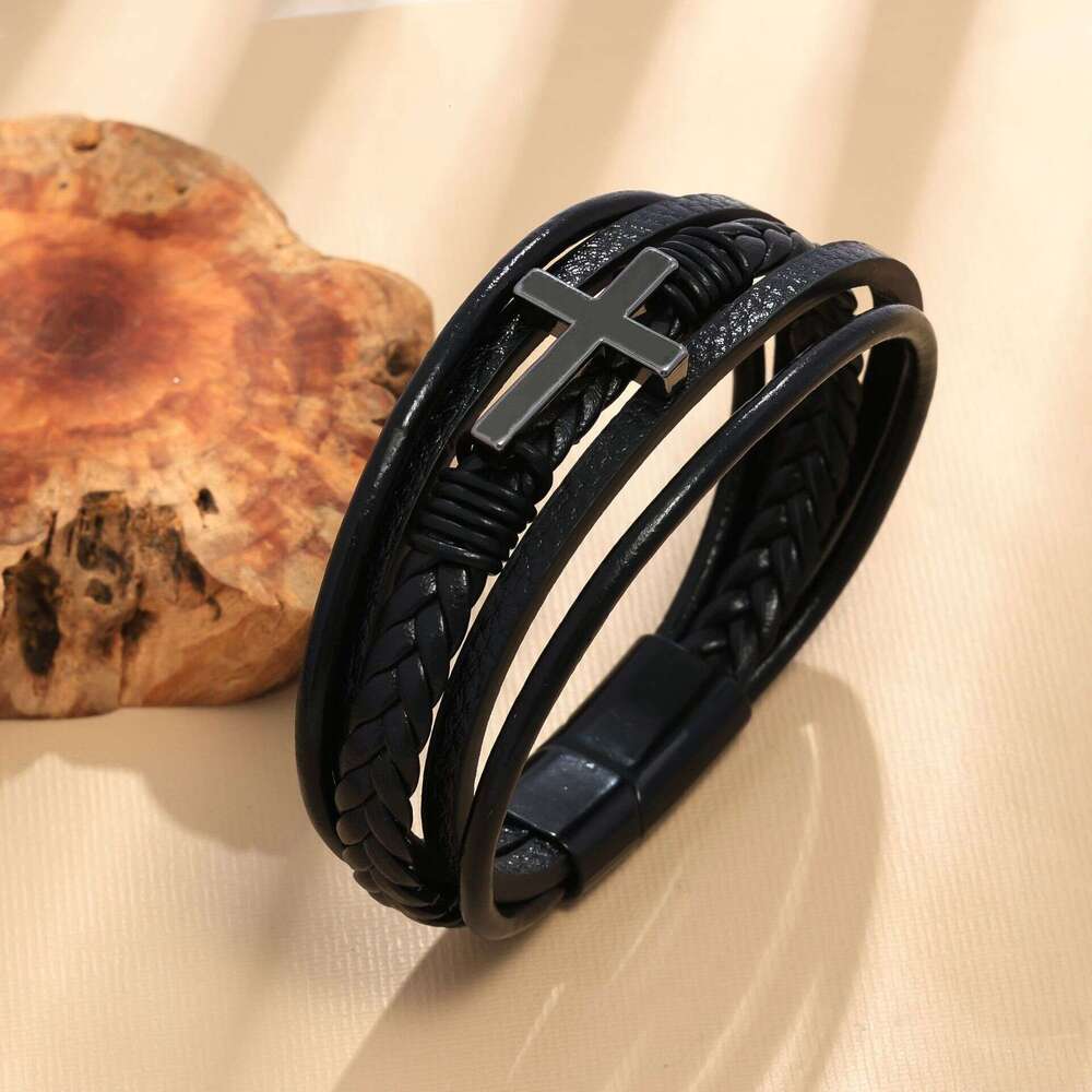 Cross for Men Multi-layer Handmade Woven Rope Magnetic Clasp Genuine Leather Bracelet