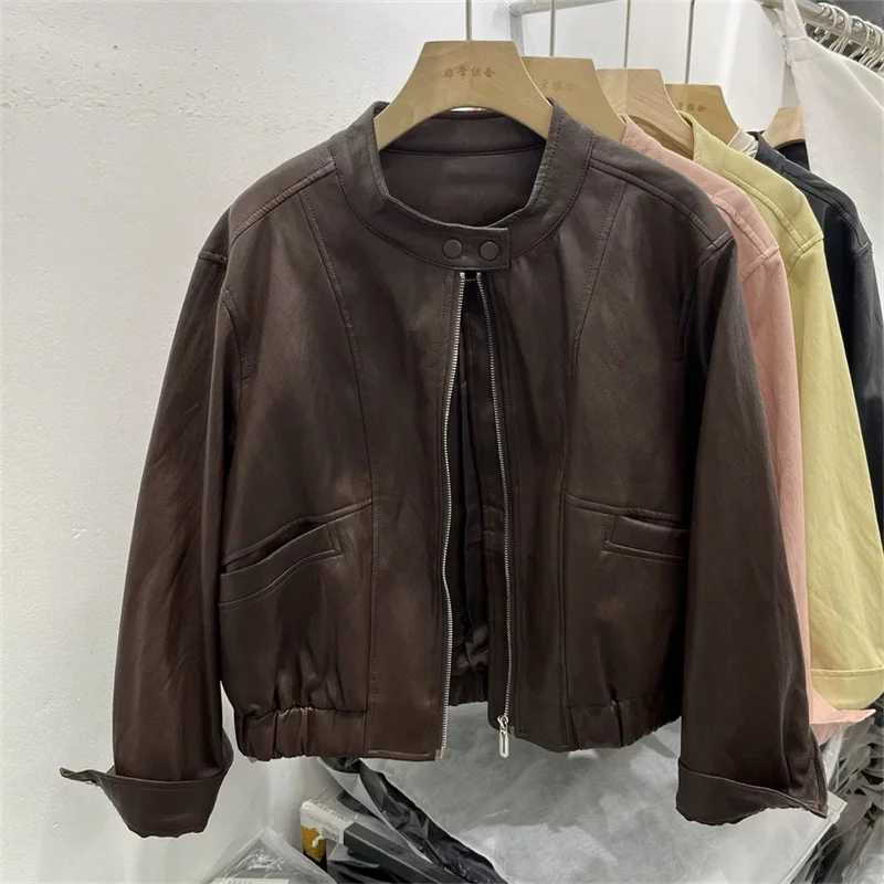 Leather Jacket Leather Womens Spring Clothes Standup Collar Loose Casual Black Motorcycle Washed PU Leather Jacket Coat TideT251017