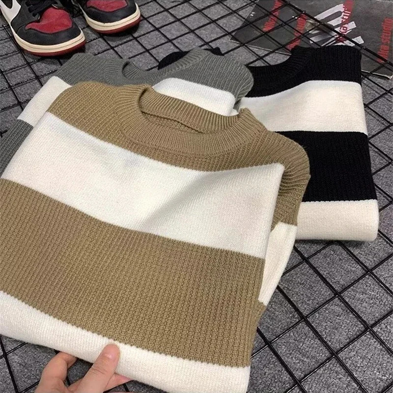 2025 Winter Mens Long Sleeve Striped Sweater Korean Fashion Pullover Knitted Sweaters Casual Crewneck Pullovers Y2K Streetwear 251017