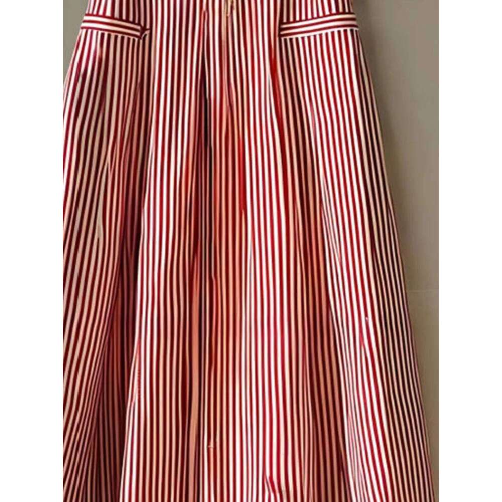 French Elegance Red Striped Design Chic High-waist Big Swing Mid-length Skirt Women Spring Autumn Basics A-line Skirts