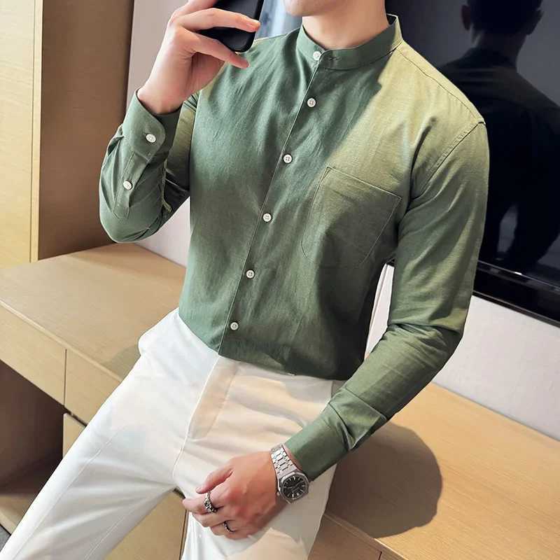 Mens Spring High Quality Long Sleeve Shirts Male Business Casual Dress Shirt Mens Standup Collar Solid Color Shirt 3XLM J251017