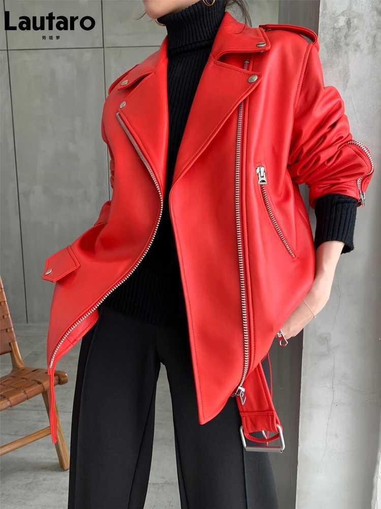 Lautaro Autumn Womens Leather Motorcycle Biker Jacket Zipper Long Sleeve Loose Red Black Soft Faux Leather Jacket for Women 2021T251017