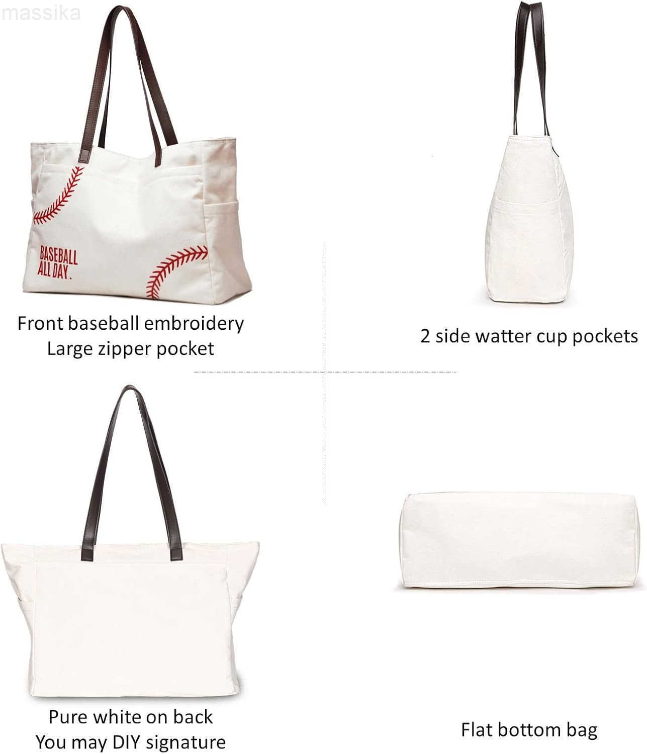 XL Baseball Mom Tote Bags For Women Canvas Utility Purse Handbag with Pockets M251017