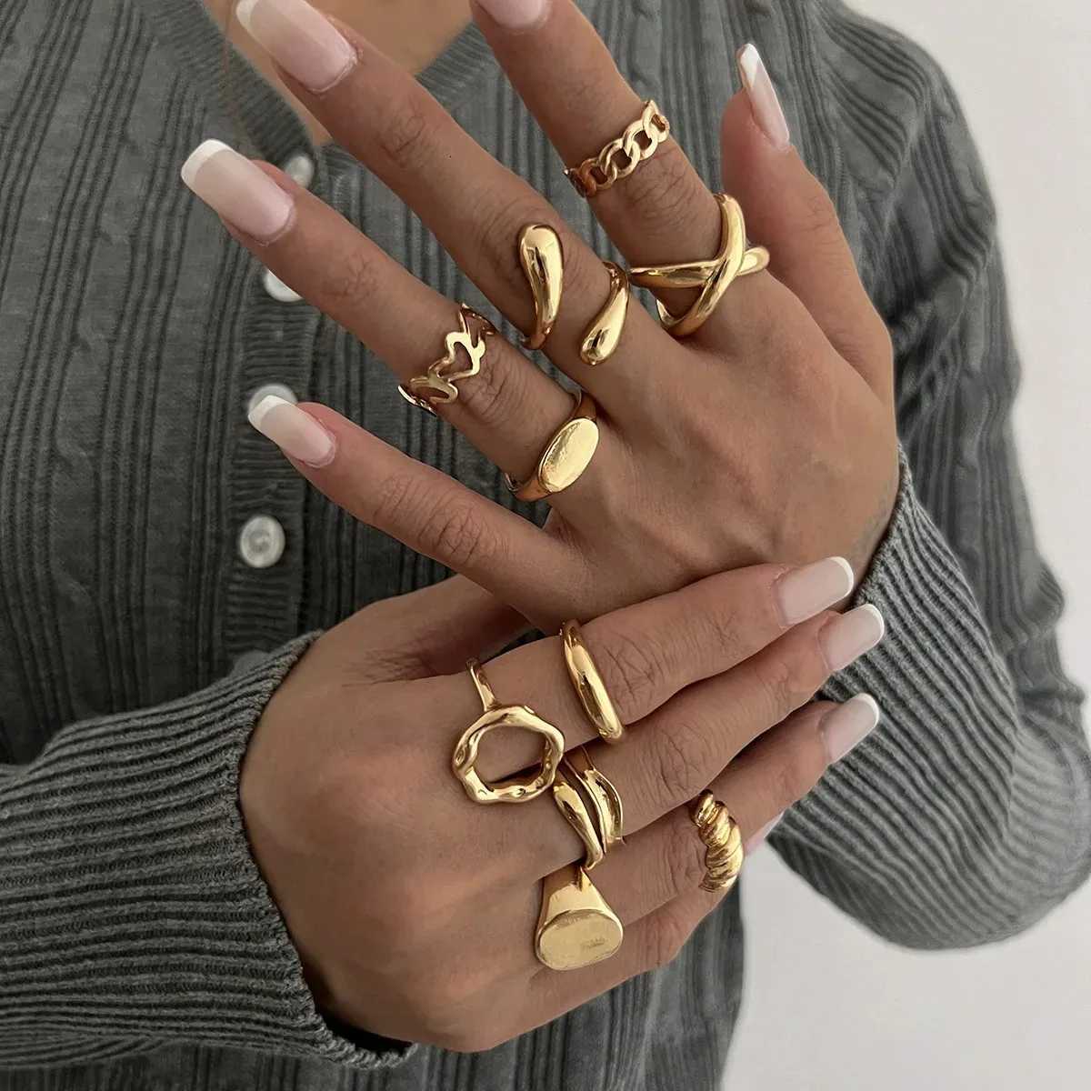10PcsSet Geometric Trendy Gold Silver Color Cuff Rings Set for Women Girl Metallic Stainless Steel Minimalism Fashion Chic RingW251017