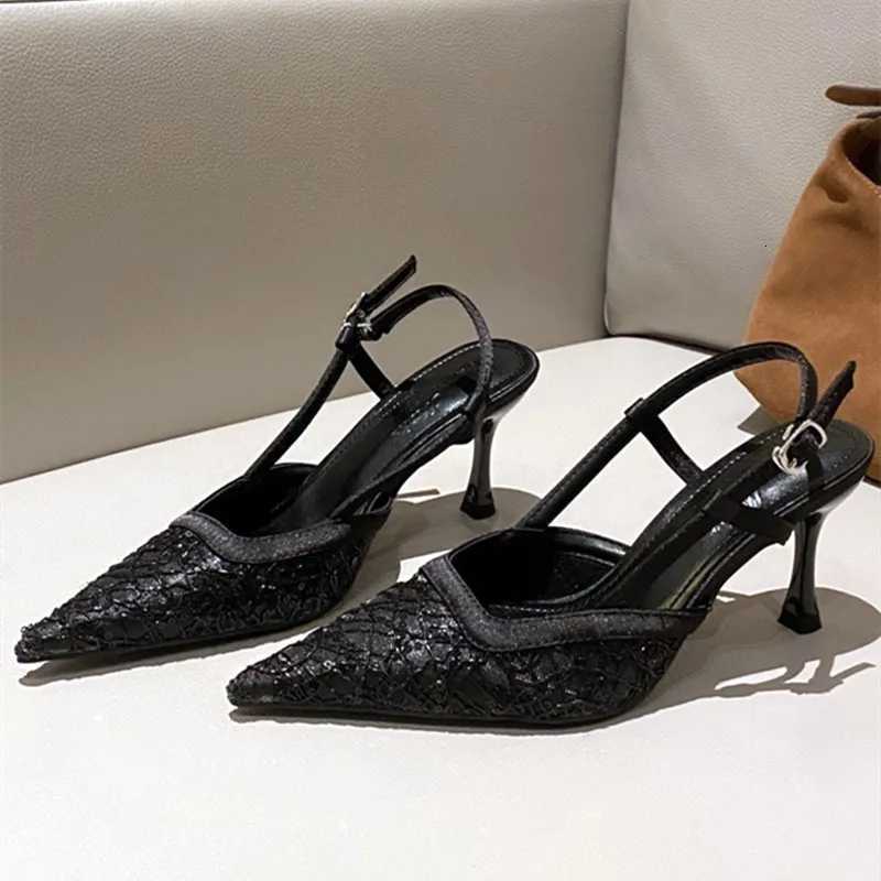Sexy Pointed Toe Gingham Design Buckle Strap High Heels Golden Crystals Mesh Heeled Sandals Women Summer Luxury Party Dress Shoe Z251015