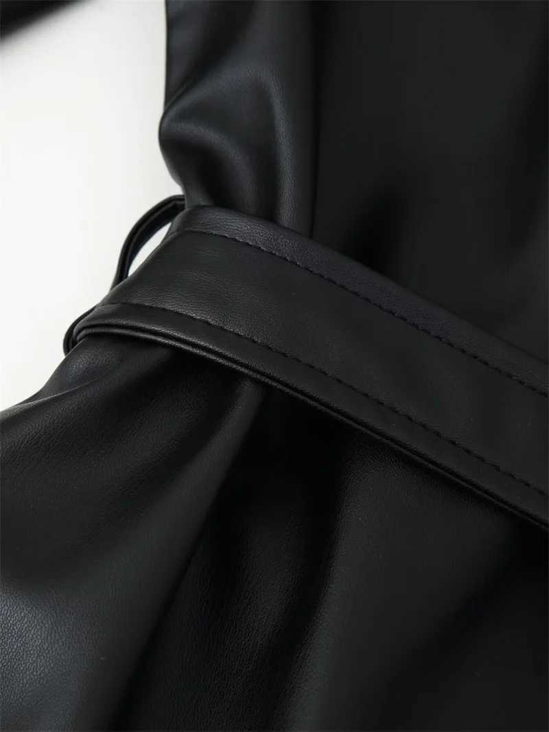 Womens Coat 2025 Autumn New Style Black Long Sleeve Faux Leather Tie Decoration Short Windbreaker Motorcycle Style CasualT251017