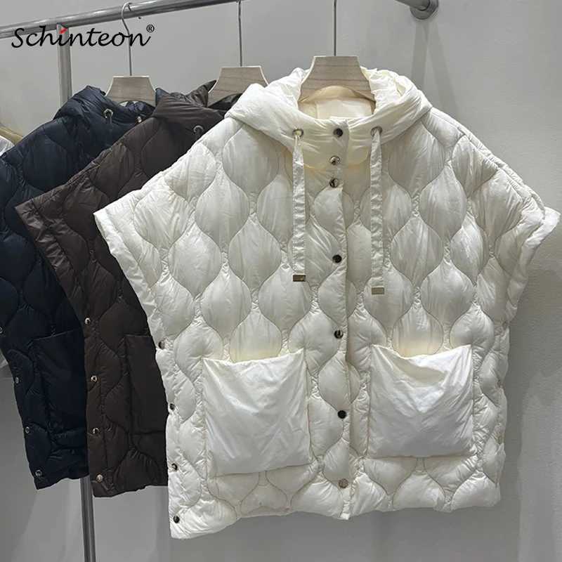Schinteon Womens 90 White Duck down Vest Irregular Sleeveless Jacket with Hood Solid Color Fashionable Autumn Winter Top 2025 W251016