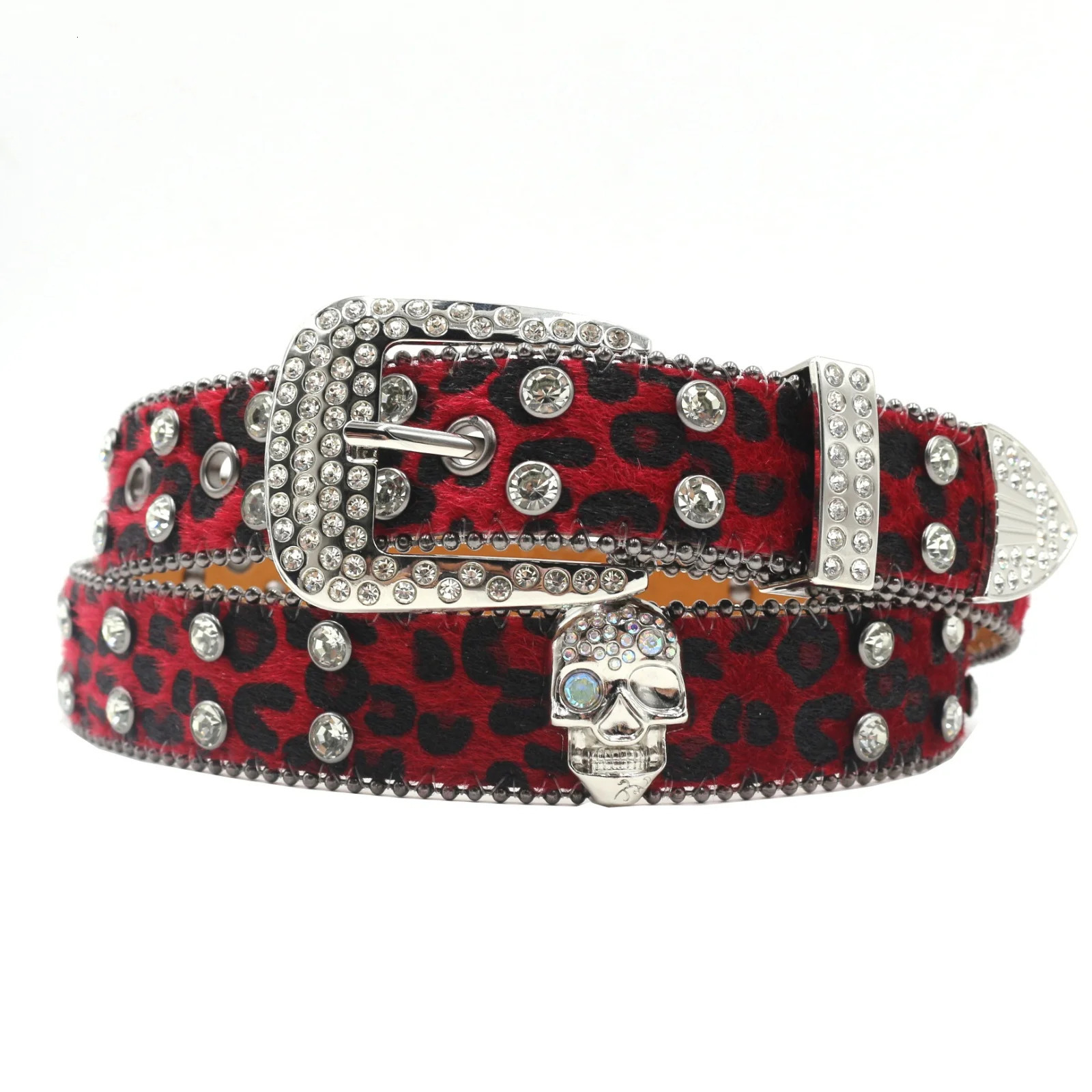 Crystal inlaid skull belt hiphop rock Y2K style mens and womens adjustable leopard print rivet jeans versatile belt 251010