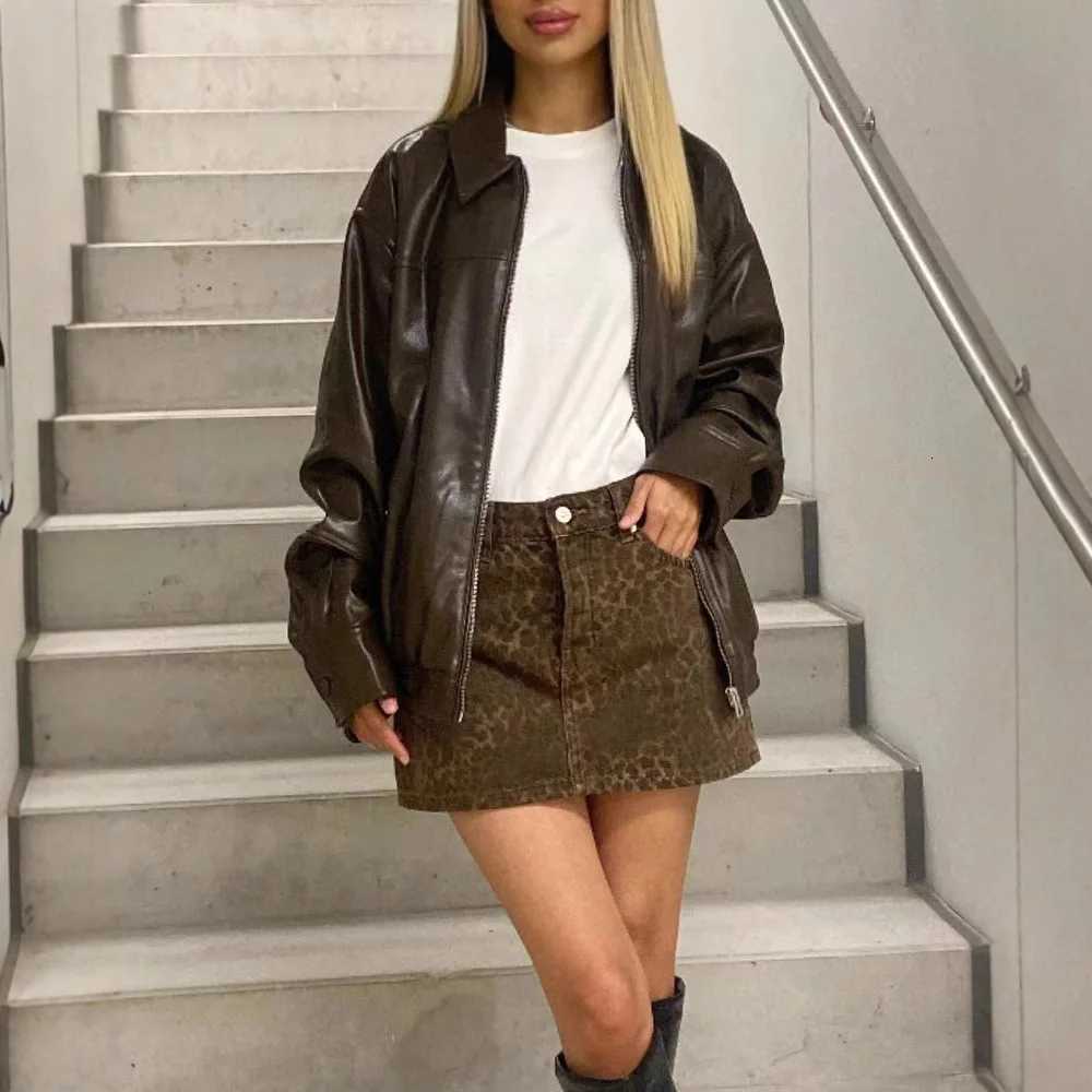 Women Faux Leather Coats Solid Jackets Zipper Pocket Turn Down Collar Long Sleeves Slight Strech Loose Office Lady 2025 AutumnT251017