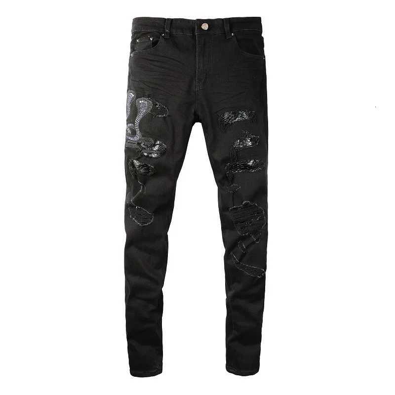 Men Snake Embroidery Jeans Skinny Tapered Stretch Denim Pants Streetwear Holes Ripped Leather Patch Patchwork Trousers Black Y251105