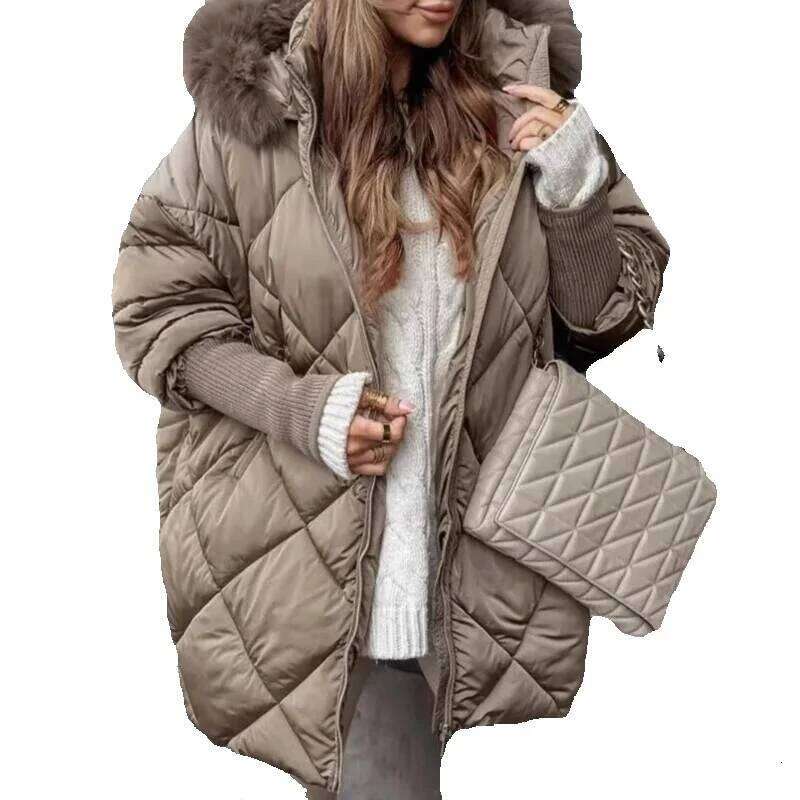 2025 Autumn and Winter Temperament Hooded Zipper Commuter Wind Women's Coat Cotton-padded Jacket Down Cotton Coat