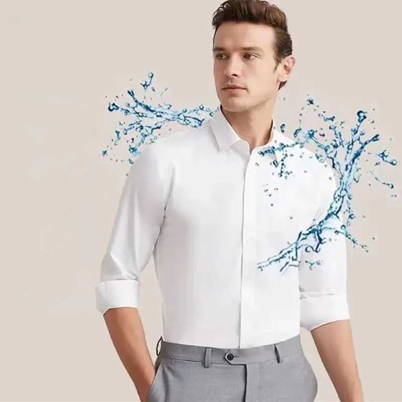 Classic Luxury Mens Dress Shirt Long Sleeve Solid Color Waterproof And Stainresistant doesnt wrinkle Buseiness Social Black J251017