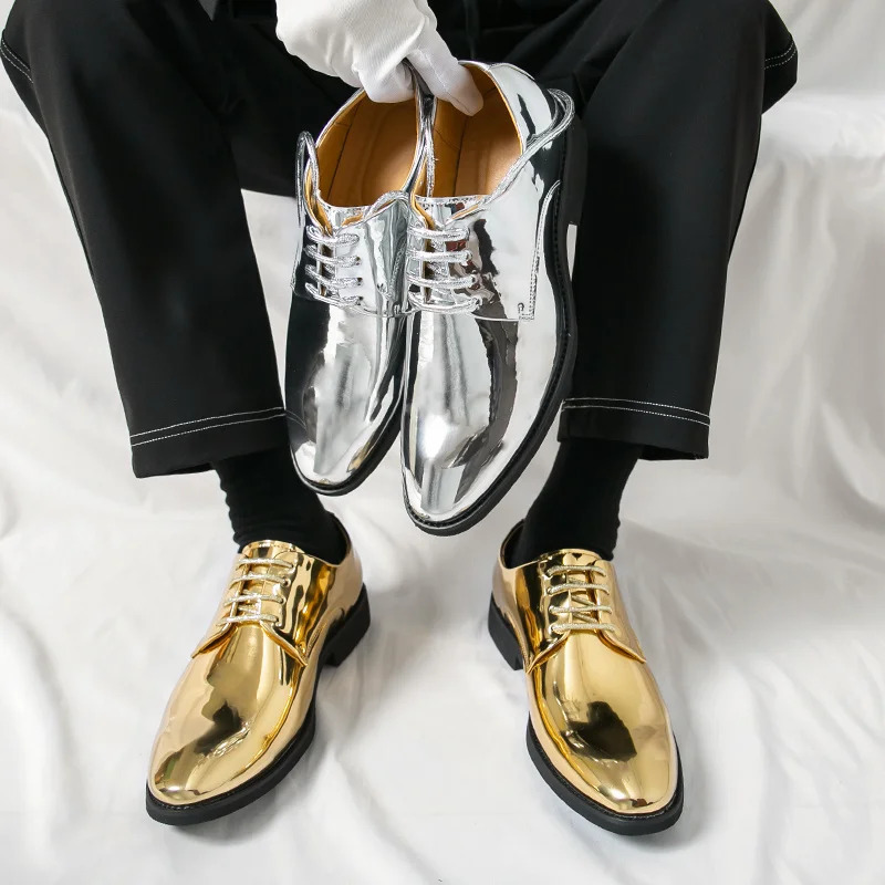 Silver Man Patent Leather Shoes Large Size 3850 Party Dress Wedding Shoes Men Pointed toe Leather Shoes Oxford 251010
