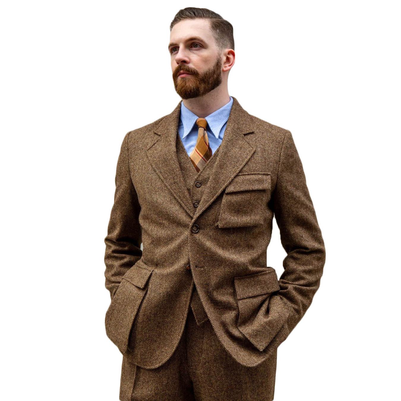 Brown Herringbone Men Tuxedos 2 Pieces Notched Lapel Tweed Mens Party Pants Sets Plus Size Formal Wear Custom Made Coat