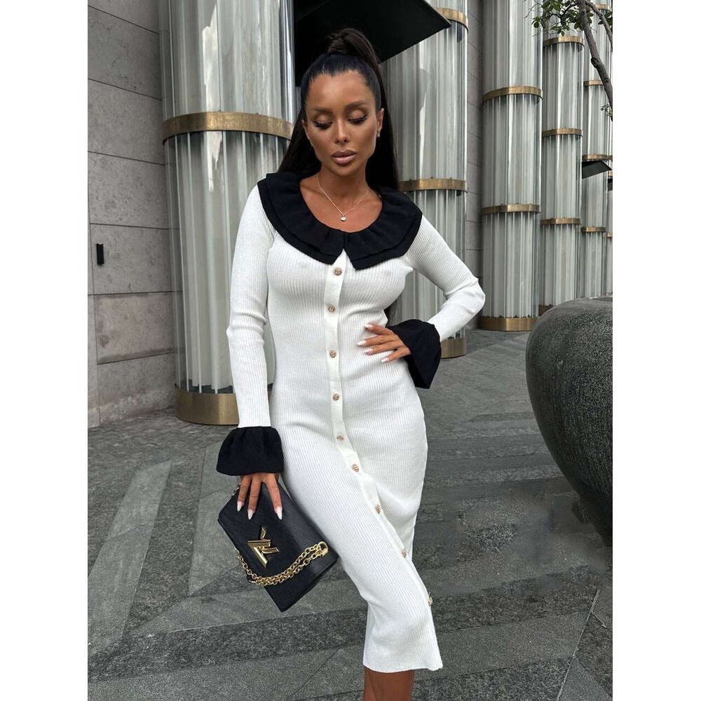 Autumn Winter New Knitted Sweater For Women Fashion Patchwork Color Block Slim Elegant Temperament Dress B5