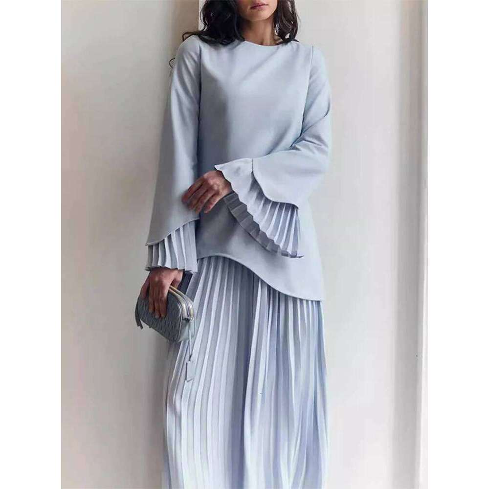 2025 Women Fashion O-neck Patchwork Long Dress Elegant Solid Flare sleeve Pleated High Waist Slim Dresses Lady Summer Chic Robes
