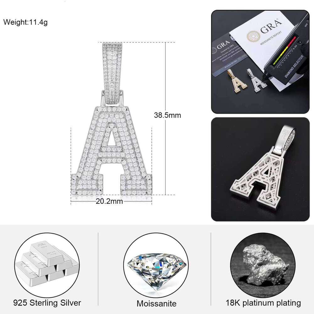 Diameter Tester Moissanite A-Z Initial Pound Sterling Sier Ice Jewelry Hip Hop Men's Letter Pendant