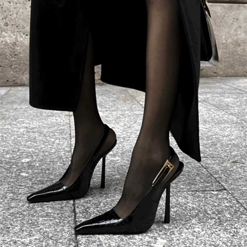 Patent Leather Pattern Thin High Heels Women Sexy Pointed Toe Metal Buckles Slingback Heeled Sandals Elegant Banquet Dress Shoes Z251015