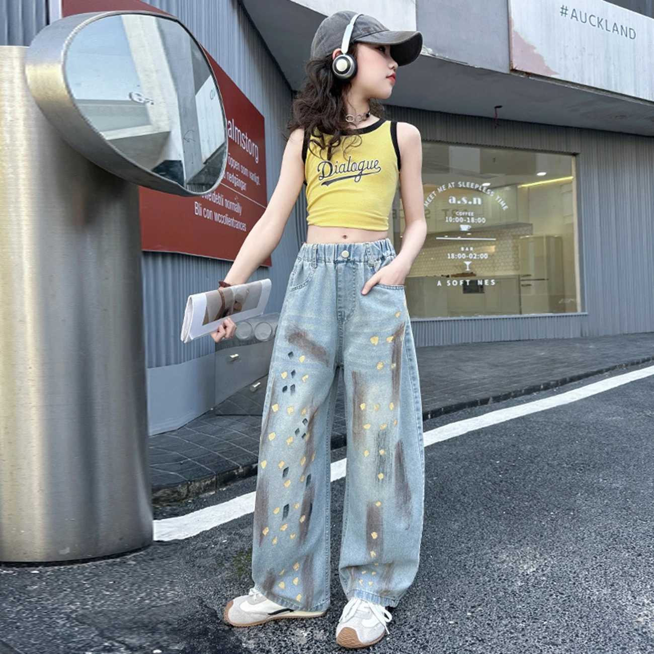 Girls Cartoon Print Stretchy Ripped Jeans High Street Fashion Elastic Waist Denim Pants Age 514YT251017