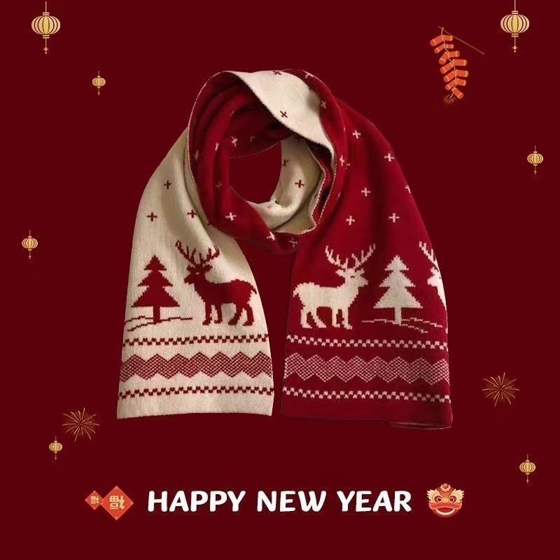 Trendy Christmas Reindeer Scarf for Women Protection Versatile Autumn Winter Red Small Tree Mid-Length Warm Neck Warmer