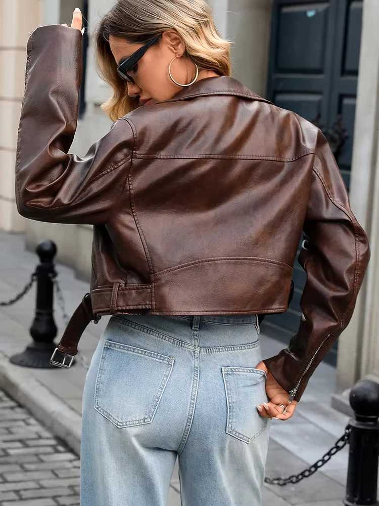 HH Women Vintage Motorcycle Faux Leather Jacket TurnDown Collar Long Sleeve Zipper Autumn Fashion Lady High Street OutwearT251017