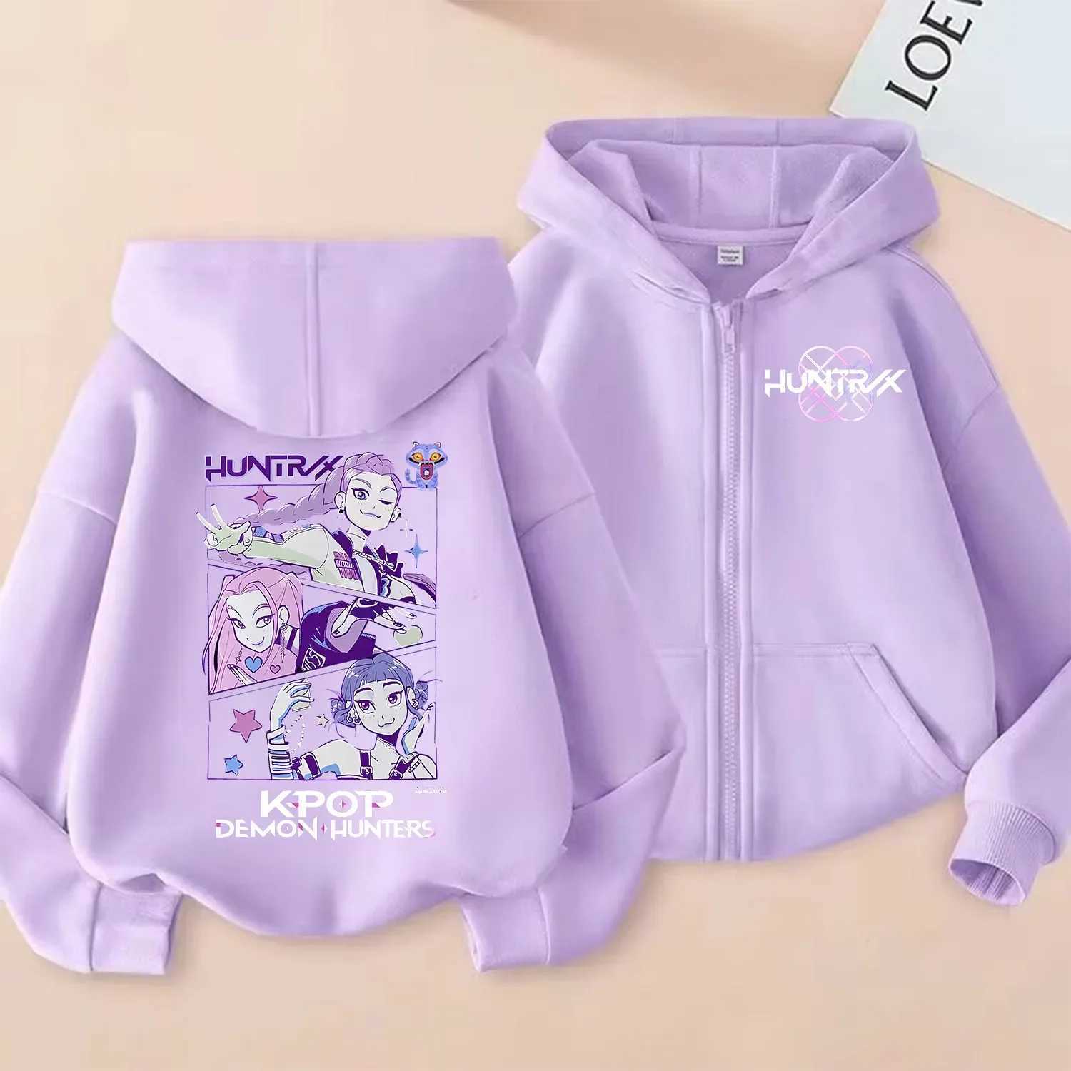 KPop Demon Hunters Zipper Hoodie Girls Coat Fashion Thin Clothes Purple Autumn Hoodie Jacket Kids Anime Sweatshirt Gift C251017