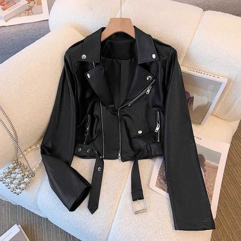 Black White Sky Blue Faux Pu Leather Jacket Women Slim Short Coat With Belt Lapel Long Sleeve Spring Autumn Female StreetwearT251017