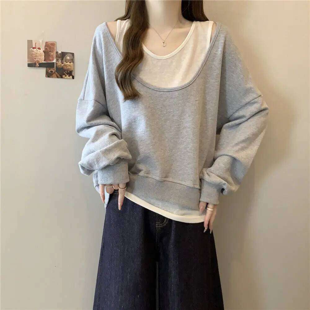 Shoulder Bared Oversized Women's Sweatshirt Pure Color Base Layer Two Piece Set New Arrival Autumn Season Princess Sleeve Rou...