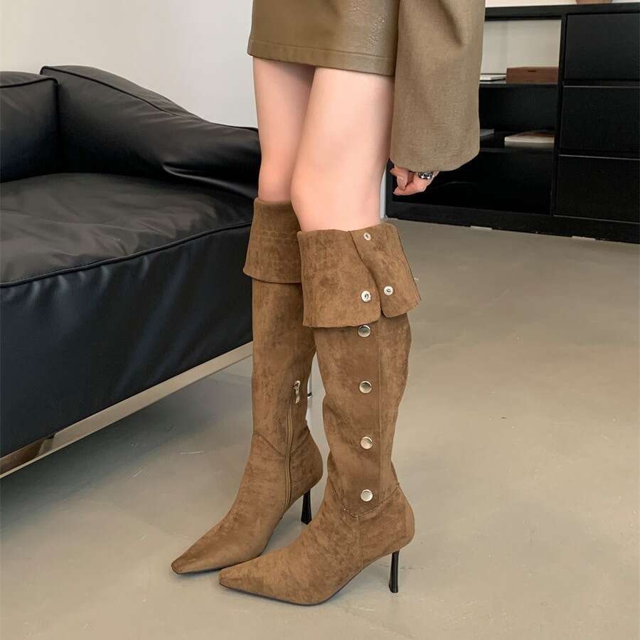 2025 French Style Women's Designer Shoe - Stacked Stiletto Heel Over-the-Knee Long Wrinkled Denim Riding Boots Casual & Chic