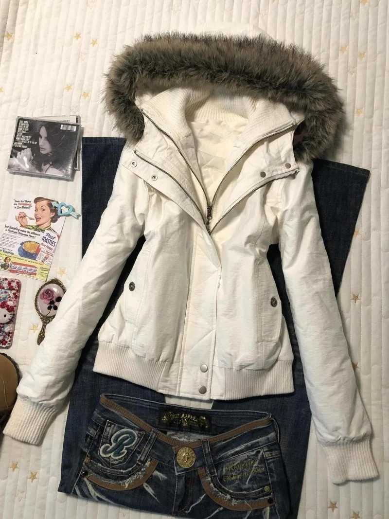 2025 Fashion Retro New Style Fur Collar Zipper Hooded Short Jacket Harajuku Street Loose Casual Solid Color Slim Short Jacket W251016